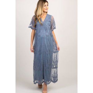 PinkBlush Blue Lace Mesh Overlay Maternity Maxi Dress